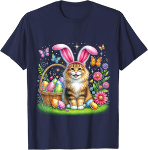 Happy Easter Cute Bunny Norwegian Forest Cat Easter Basket Women Girls Kids T-Shirt - T-Shirt | Navy