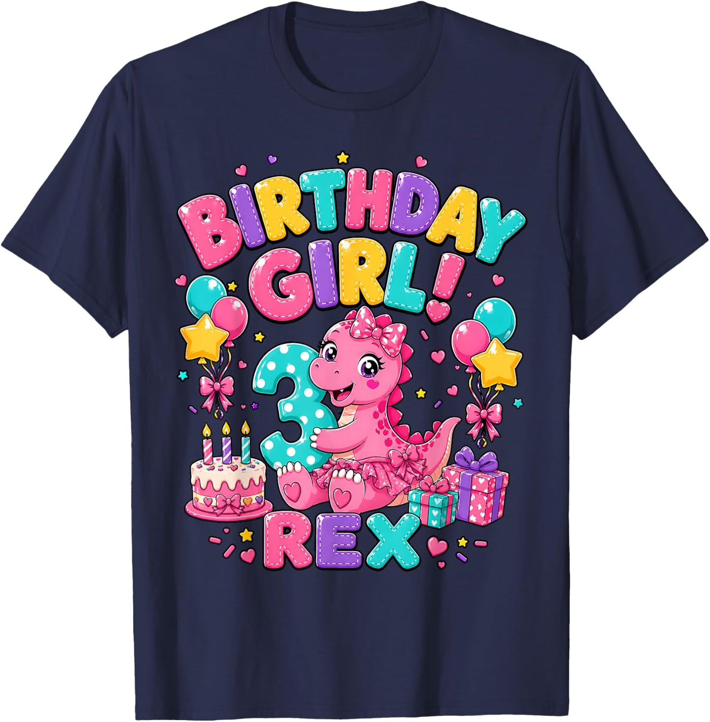 Rawr I'm 3 Three Rex Pink Dinosaur 3rd Birthday Girl Party T-Shirt - T-Shirt | Navy