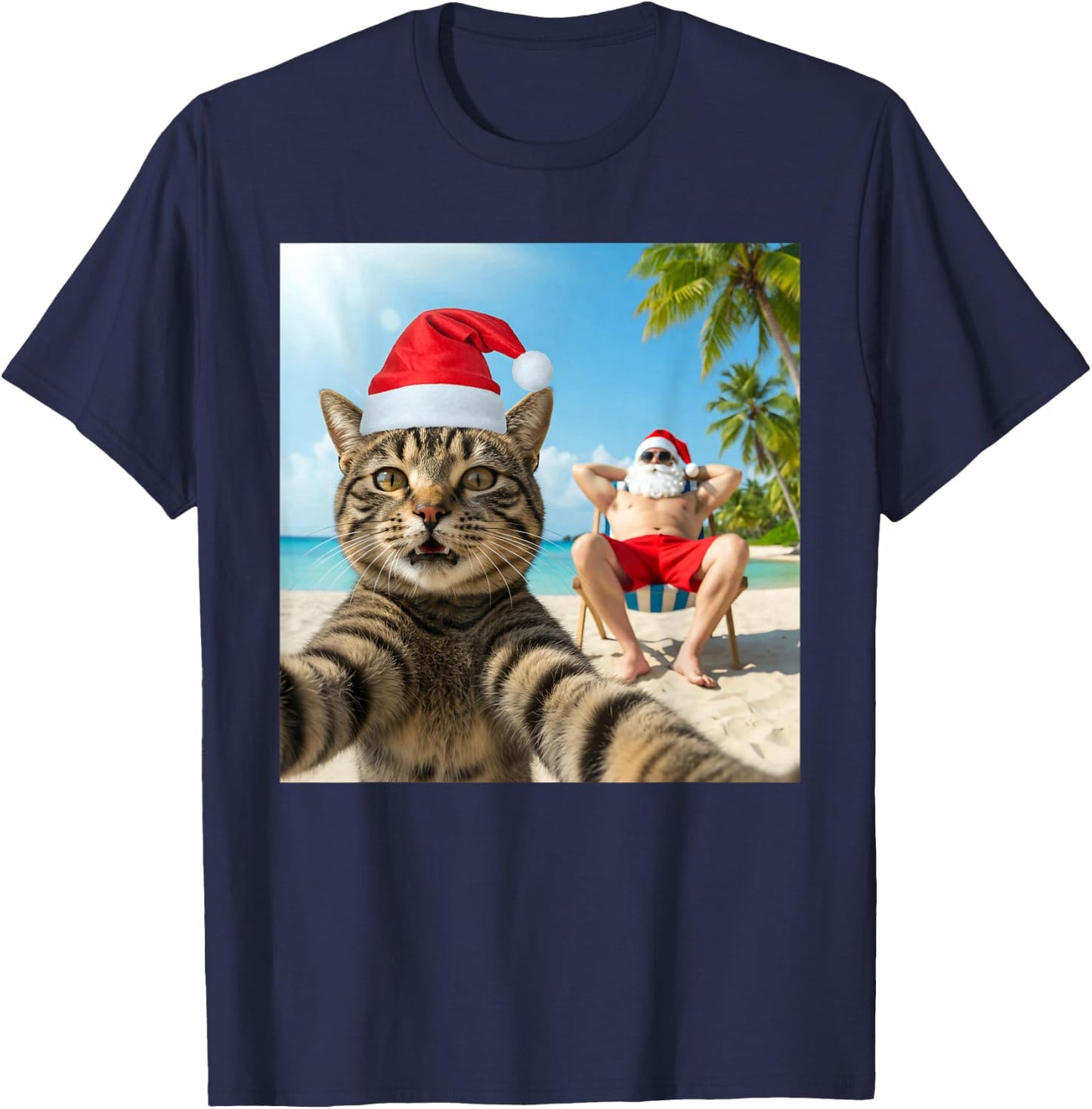 Christmas In July Cat Selfie With Santa Beach Summer Xmas T-Shirt - T-Shirt | Navy