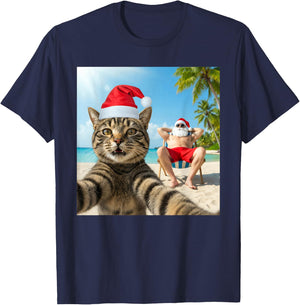 Christmas In July Cat Selfie With Santa Beach Summer Xmas T-Shirt - T-Shirt | Navy