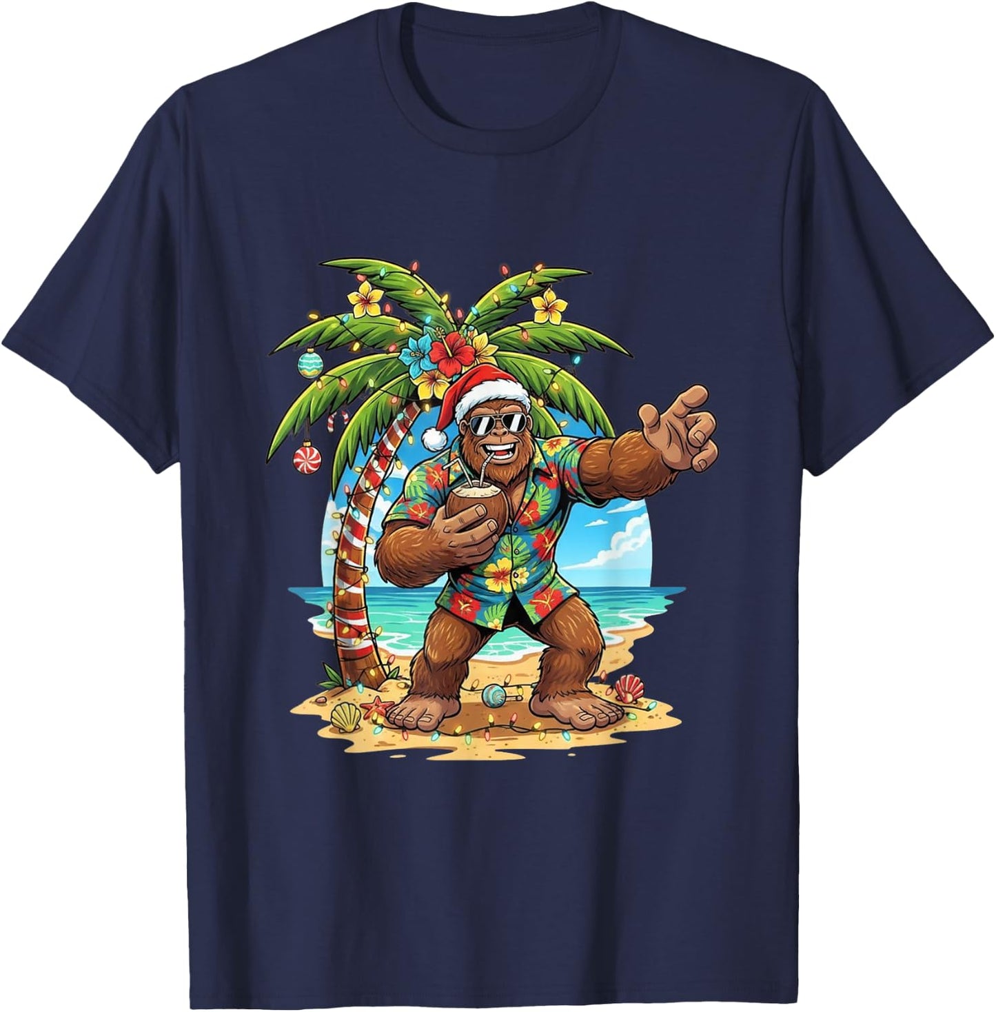 Santa Bigfoot Christmas in July Beach Funny Sasquatch T-Shirt - T-Shirt | Navy