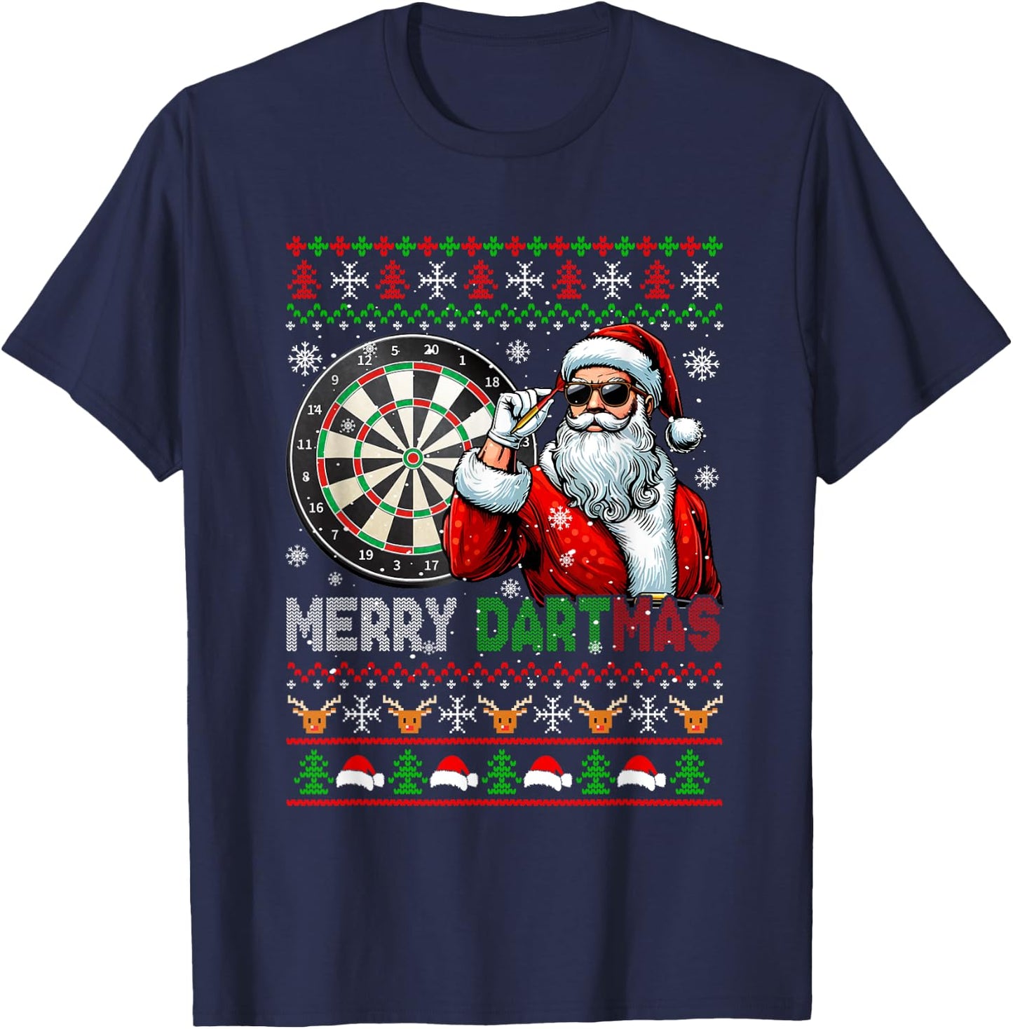 Merry Dartmas Xmas Santa Sunglasses Playing Dart Sweater T-Shirt - T-Shirt | Navy