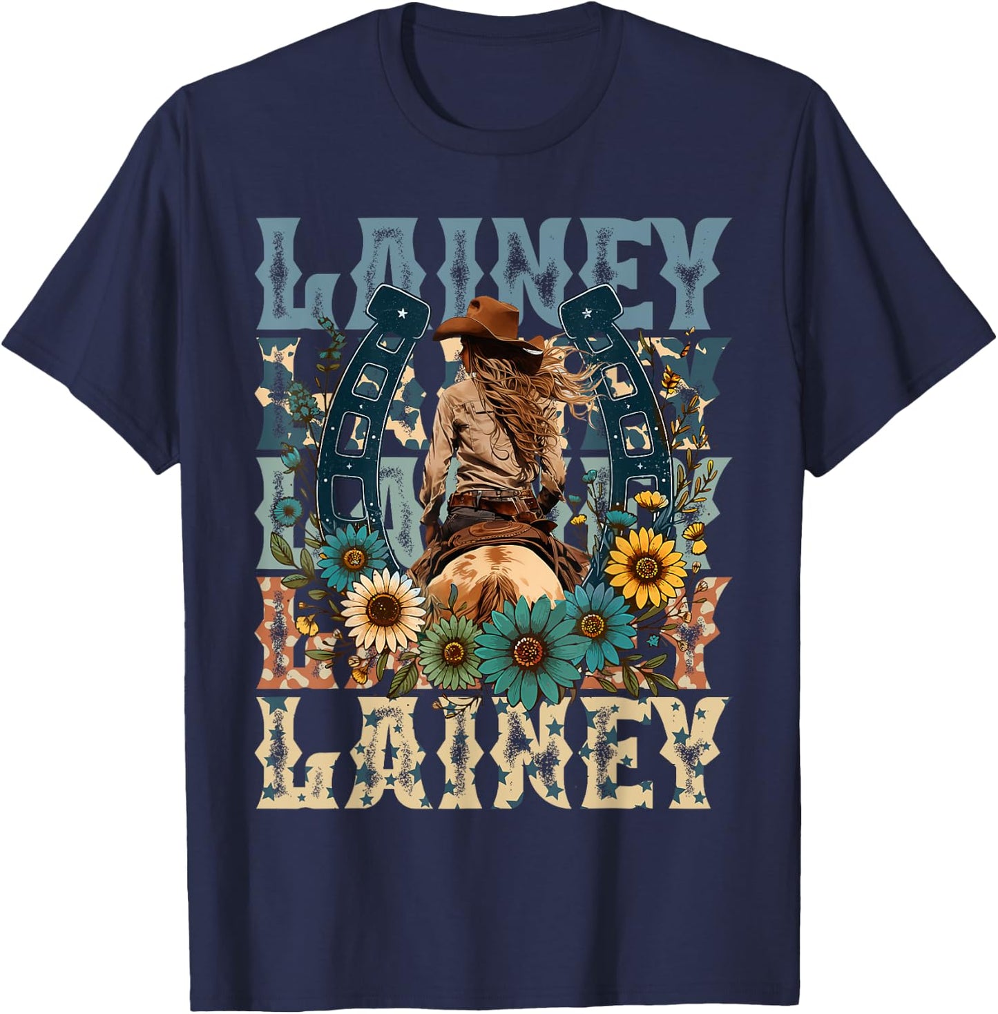 Cowgirl Lainey First Name Personalized Western - -Adults, Kids - Black - Small - Short Sleeve - - Animal Print Fabric Blend T-Shirt - T-Shirt | Navy