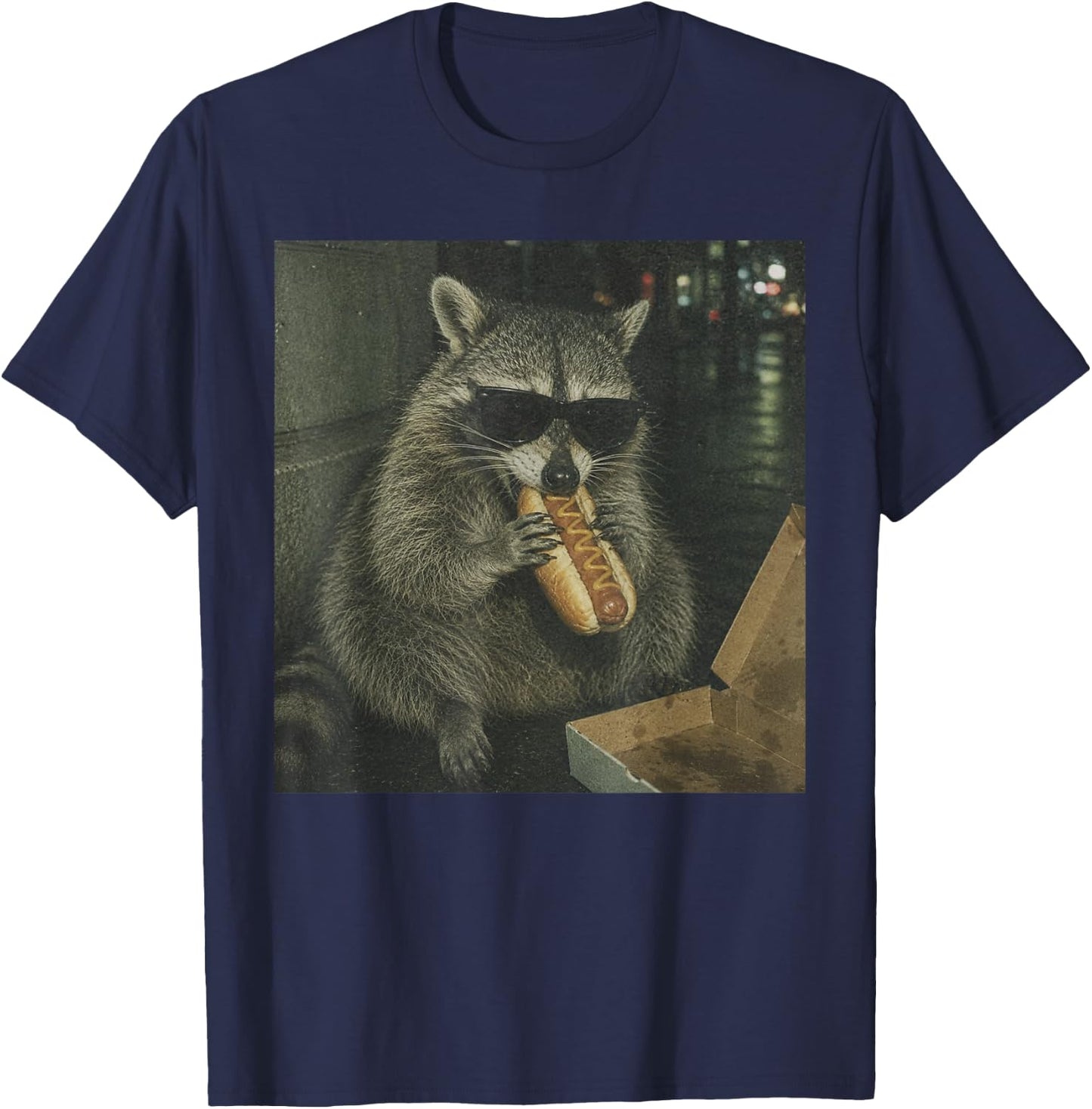 Raccoon Eating Hot Dog Funny Animal Meme T-Shirt - T-Shirt | Navy