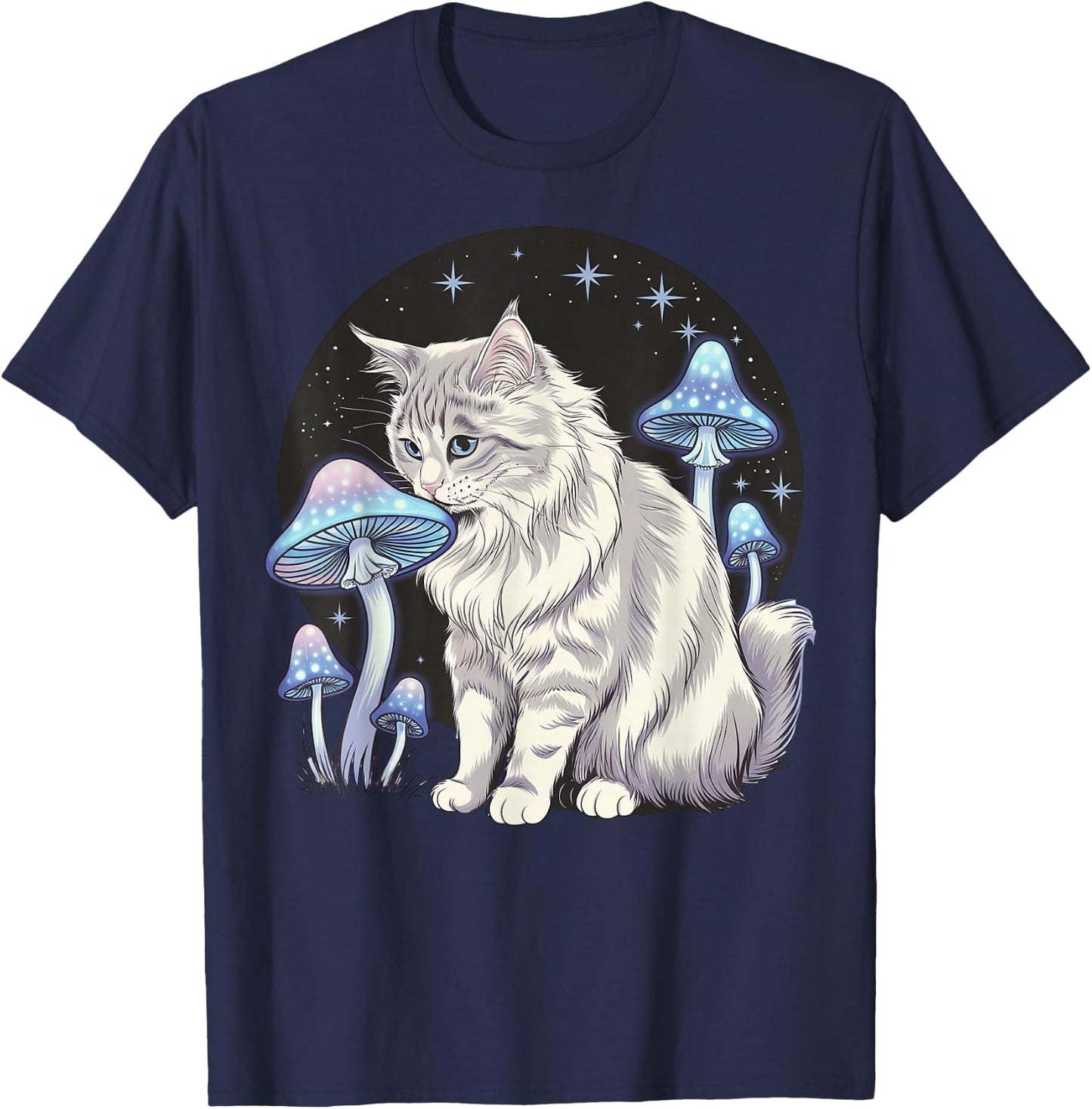 Magical Turkish Angora Sniffing Glowing Mushrooms T-Shirt - T-Shirt | Navy