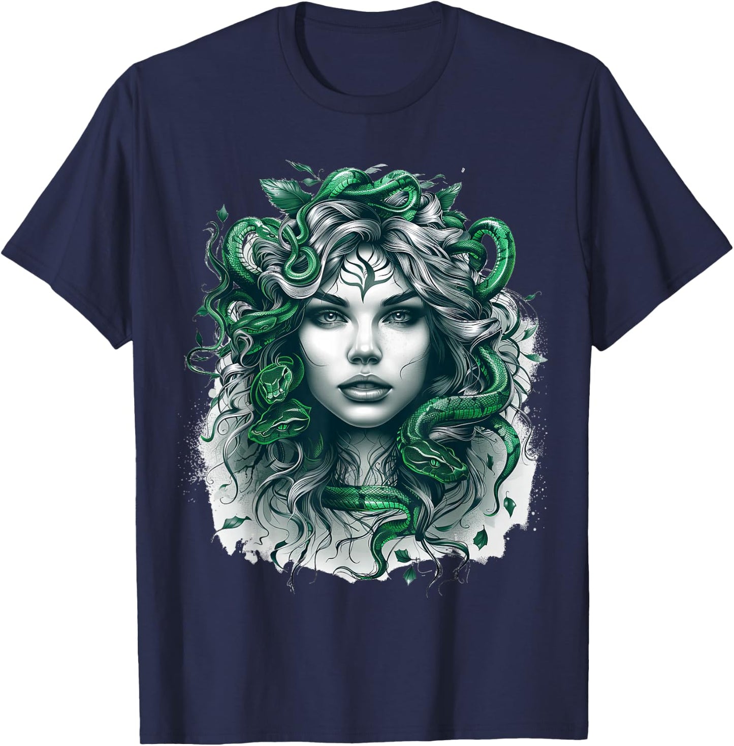 Ancient Greek Mythology Medusahead with Snake Hair Green T-Shirt - T-Shirt | Navy