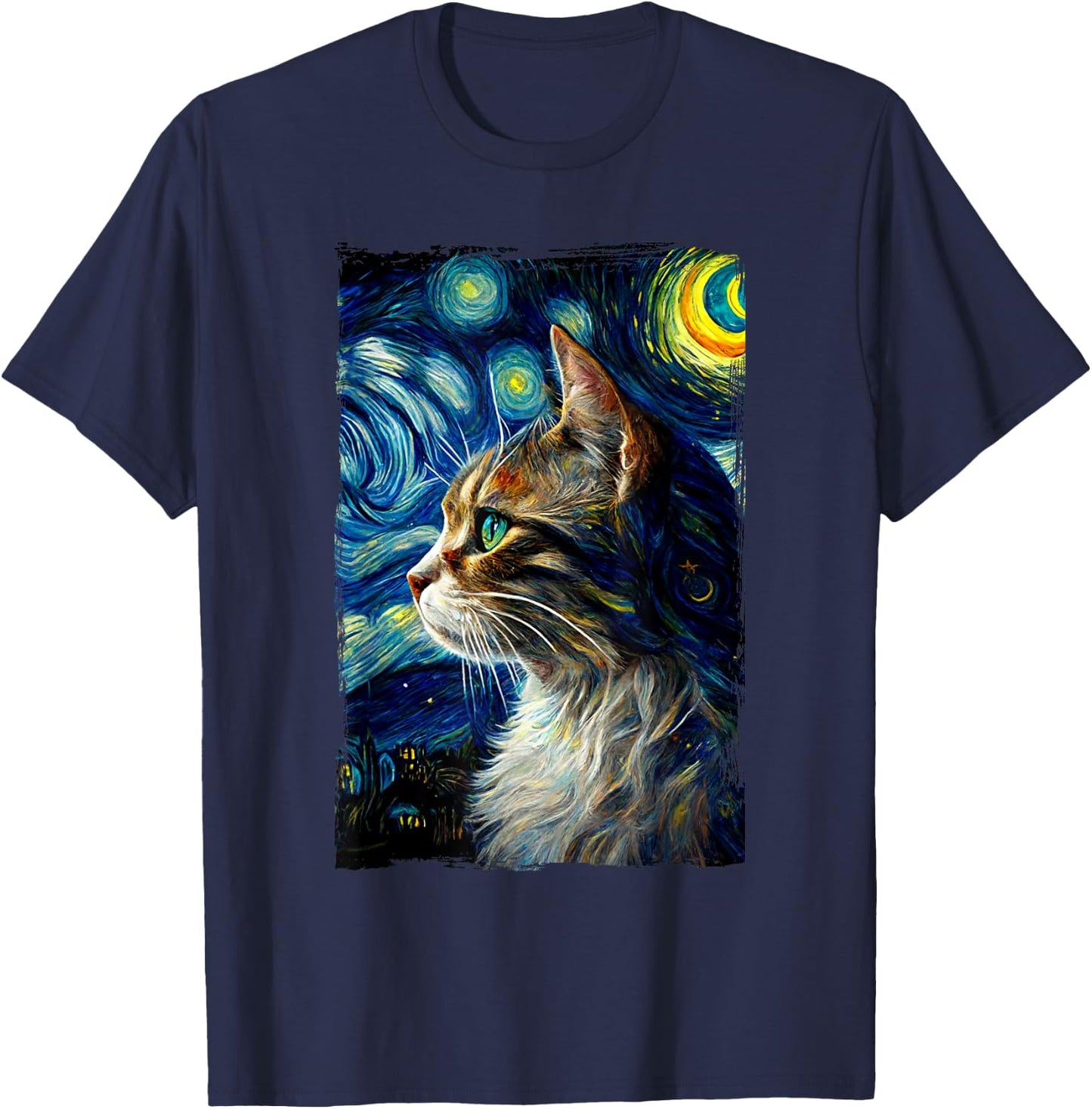 Starry Night Cat Van Gogh's Cat Vincent - Cat Lover Parodie T-Shirt - T-Shirt | Navy