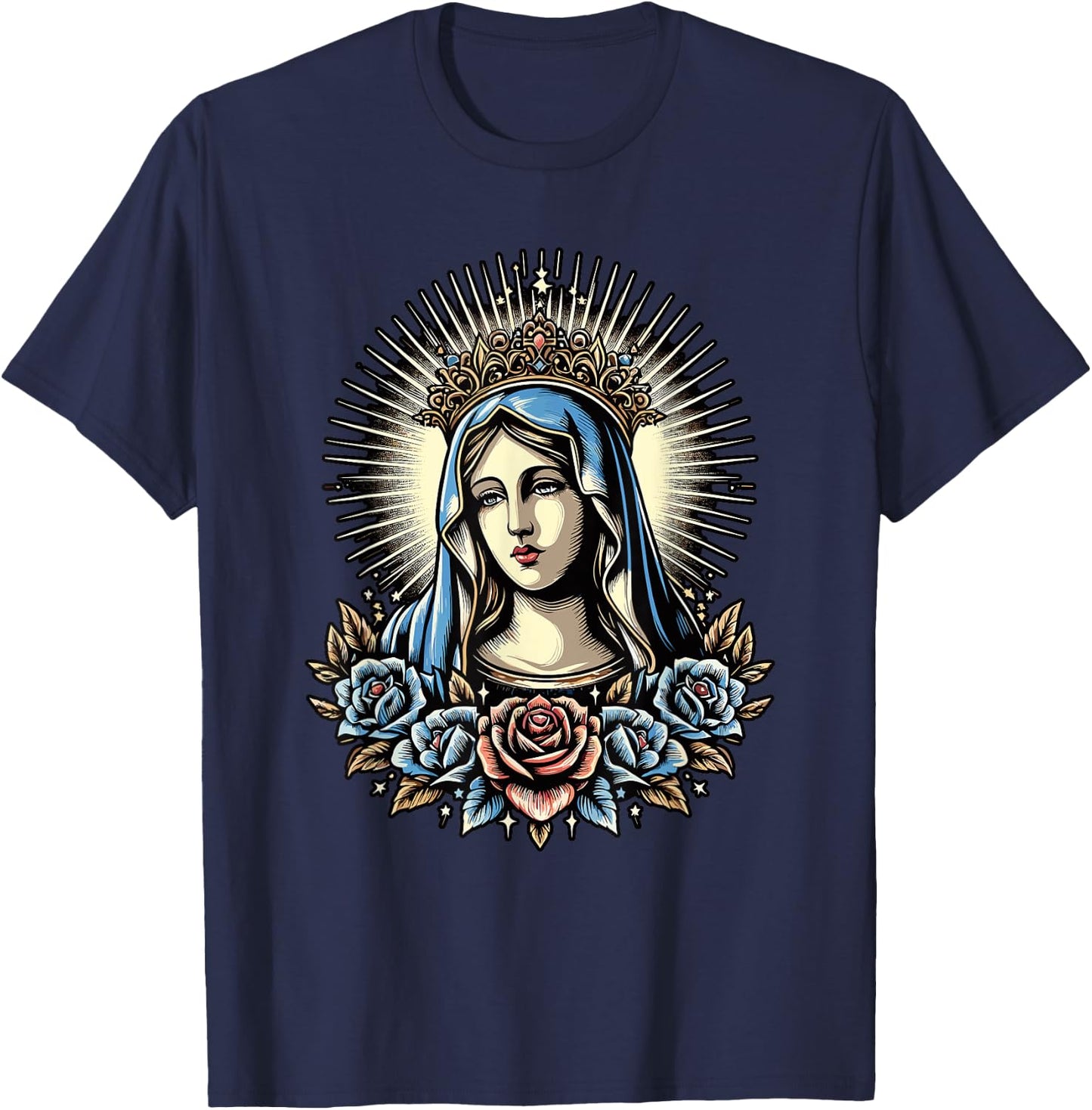 Virgin Mary Religious Art Spiritual Devotion T-Shirt - T-Shirt | Navy
