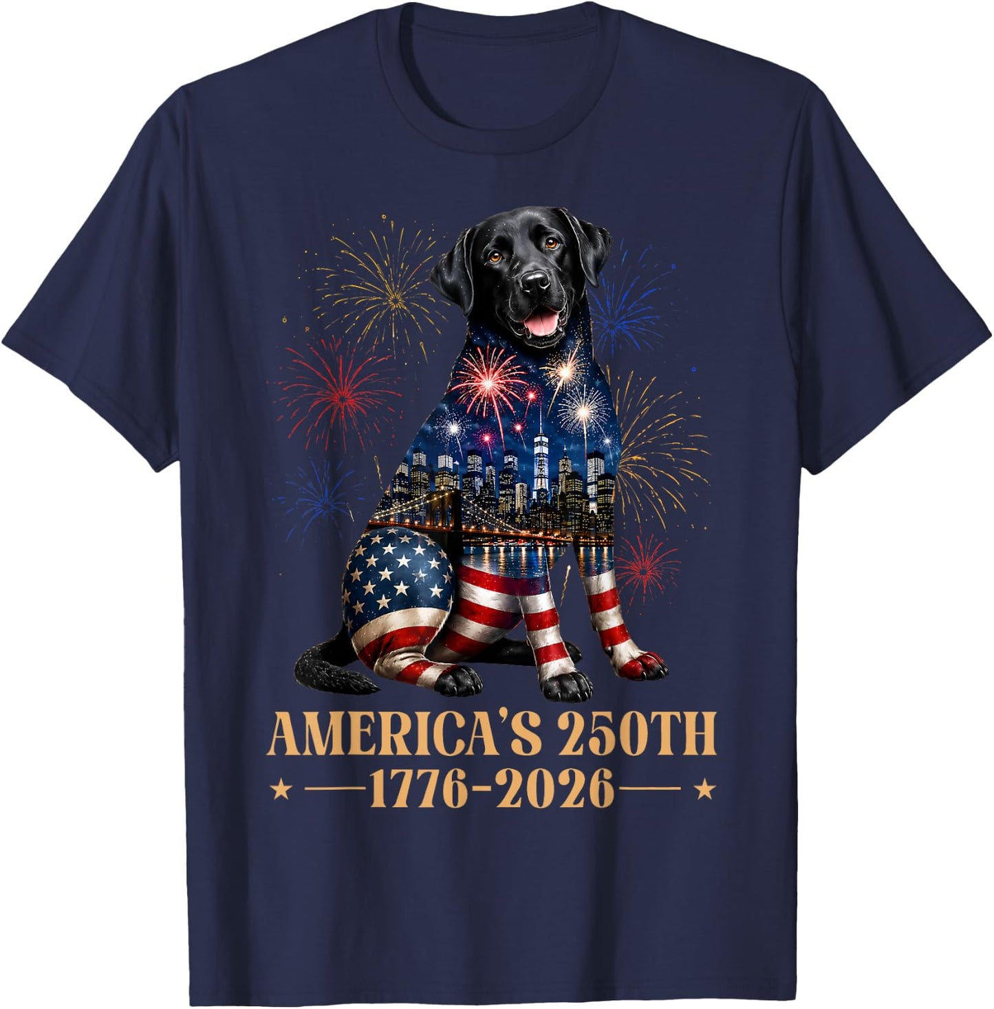 Fireworks 4th of July American Flag Patriotic Black Lab Dog T-Shirt - T-Shirt | Navy