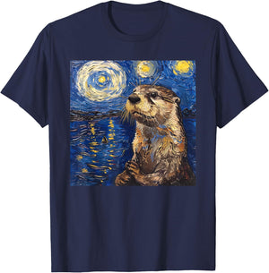 Otter Van Gogh Style Starry Night T-Shirt - T-Shirt | Navy
