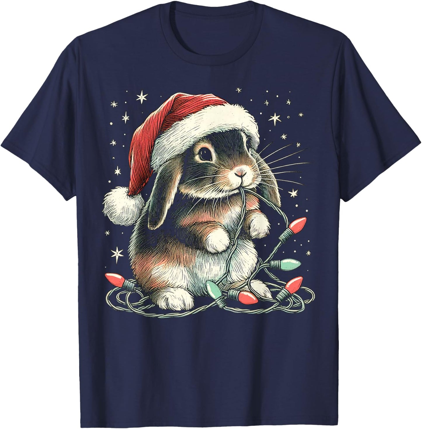 Funny Holland Lop Rabbit Bunny Chew Christmas Light Xmas T-Shirt - T-Shirt | Navy