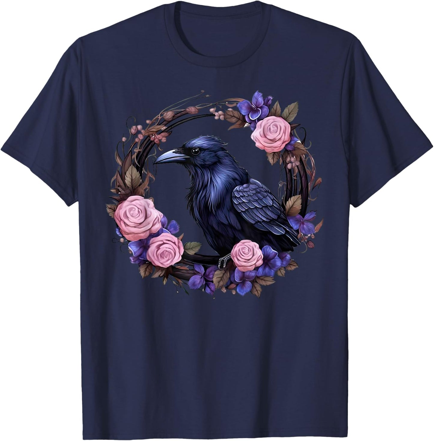 Gothic Raven Full Moon Pink Flowers Vintage Floral Crow T-Shirt - T-Shirt | Navy