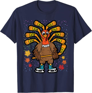 Turkey Hockey Player Thanksgiving Day Fall Autumn Men Boys T-Shirt - T-Shirt | Navy