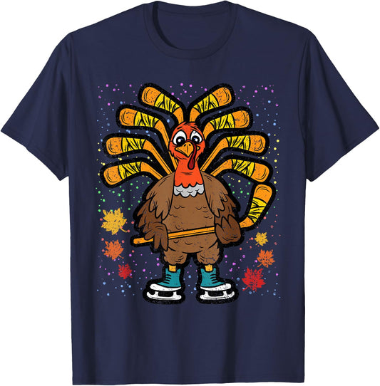 Turkey Hockey Player Thanksgiving Day Fall Autumn Men Boys T-Shirt - T-Shirt | Navy