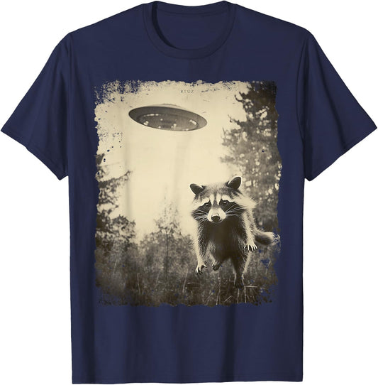 Vintage Hipster Retro Raccoon Streetwear Alien UFO Waschbär T-Shirt - T-Shirt | Navy