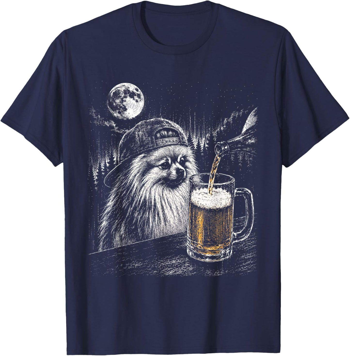 Dog Drinking Beer Cute Pomeranian Meme Pet Lover Humor T-Shirt - T-Shirt | Navy