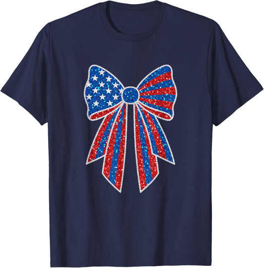 Patriotic Stars and Stripes Bow for Girls American Flag Red T-Shirt - T-Shirt | Navy