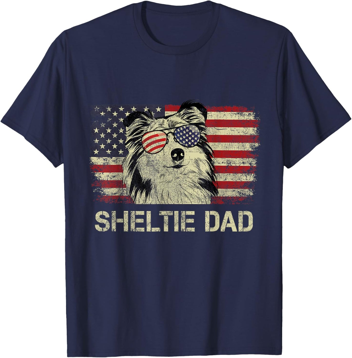 Sheltie Dad Dog Lovers American Flag 4th Of July Men T-Shirt - T-Shirt | Navy