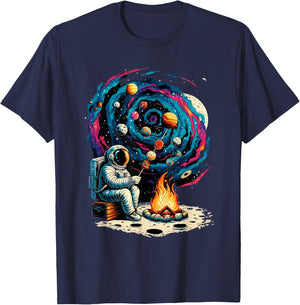 Interstellar Adventure Art & Apparel Funny Astronaut Roasting Marshmallows Camping with Planets , Small, Black T-Shirt - T-Shirt | Navy