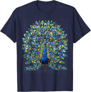 Colorful Stained Glass Peacock Artwork T-Shirt - T-Shirt | Navy