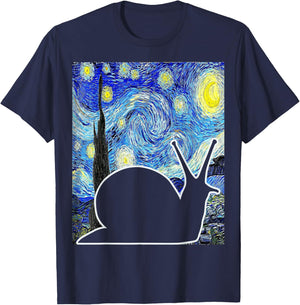 Malacologist Snail Van Gogh Famous Painting Starry Night Snail Lover Art - Women's -Kids Black Small Classic Fit Short Sleeve Cotton Blend T-Shirt - T-Shirt | Navy