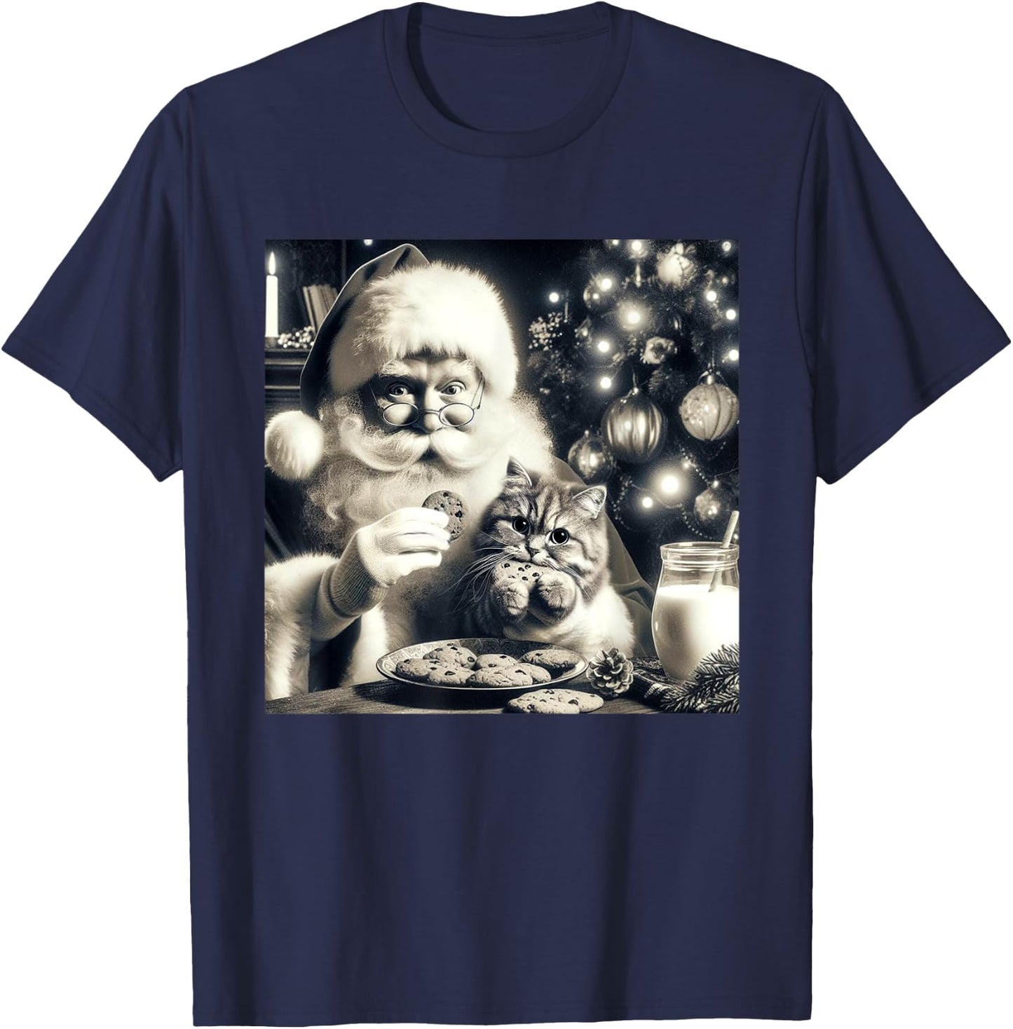 Vintage Cat Santa Photo Eating Cookies And Milk Christmas Men Women T-Shirt - T-Shirt | Navy