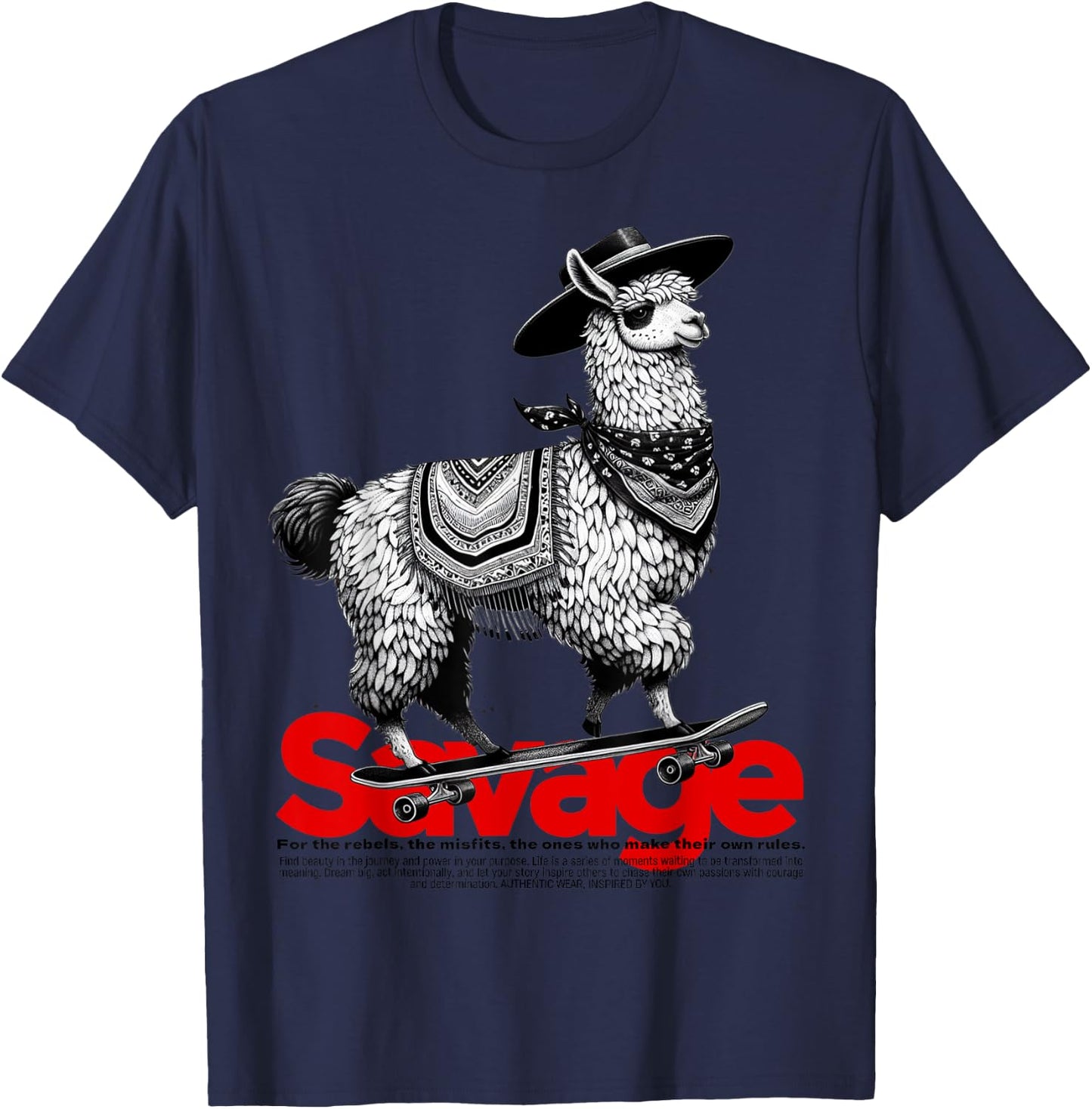 Llama Cowboy on Skateboard Alpaca Savage Meme Vintage Funny T-Shirt - T-Shirt | Navy