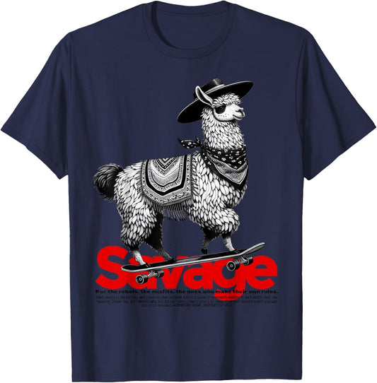 Llama Cowboy on Skateboard Alpaca Savage Meme Vintage Funny T-Shirt - T-Shirt | Navy