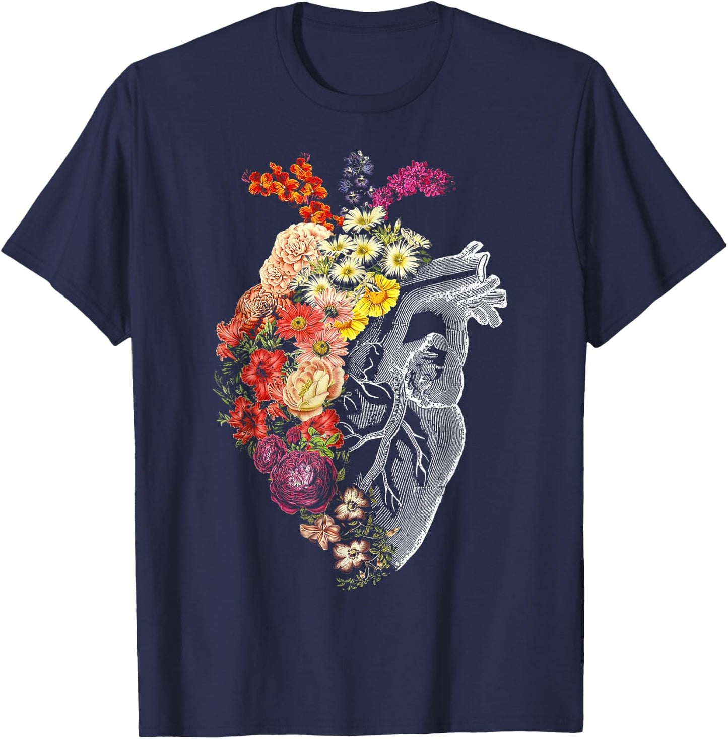 Anatomical Heart And Flowers Funny Nurse Gift Graduation T-Shirt - T-Shirt | Navy