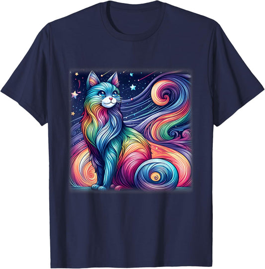 Colorful Pastel Cat Galaxy Shirt Cute Cosmic Space Cat Lover Men Women Kids T-Shirt - T-Shirt | Navy