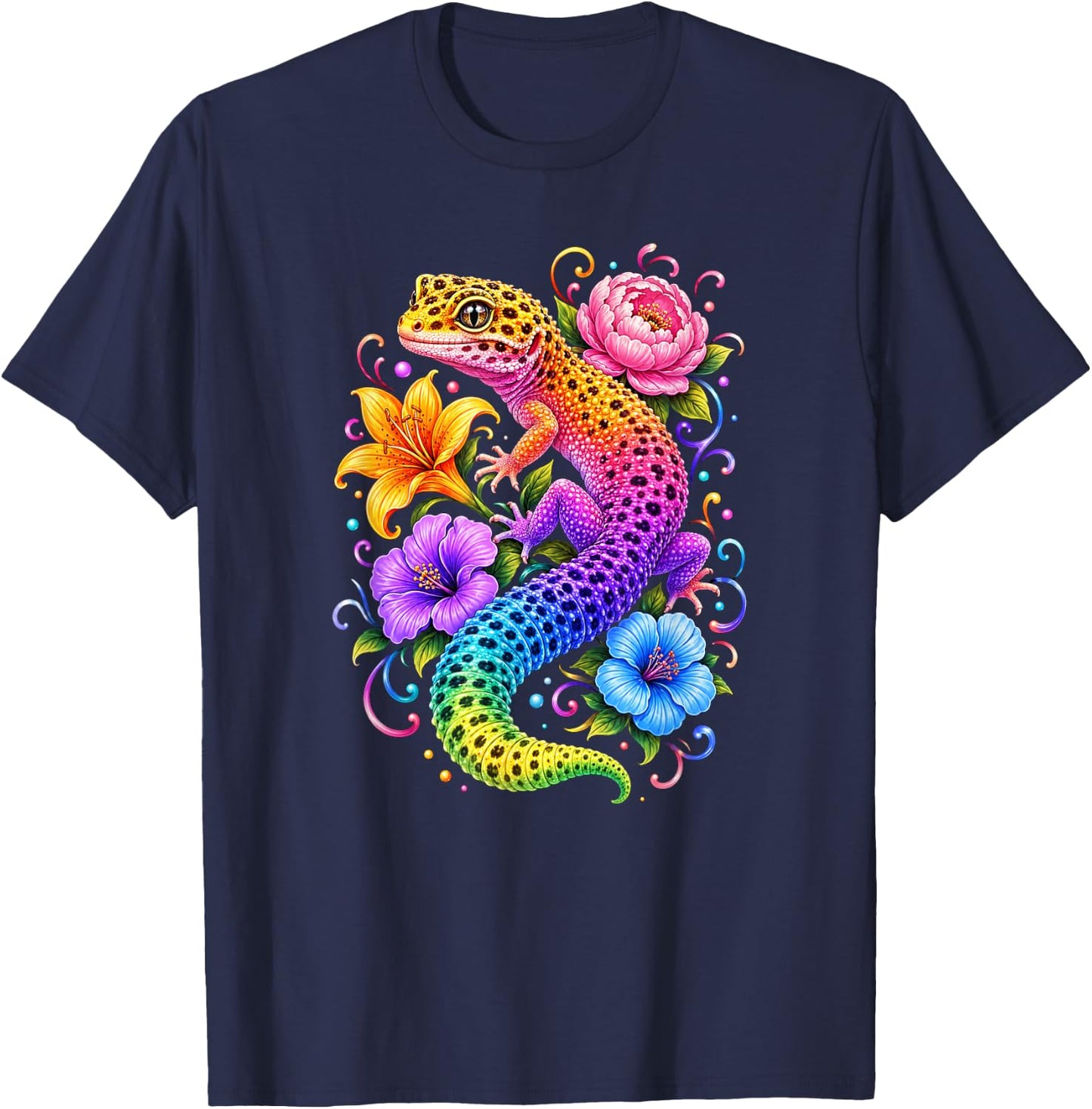 Colorful Cute Leopard Gecko Flowers Rainbow Women Girls Kids T-Shirt - T-Shirt | Navy