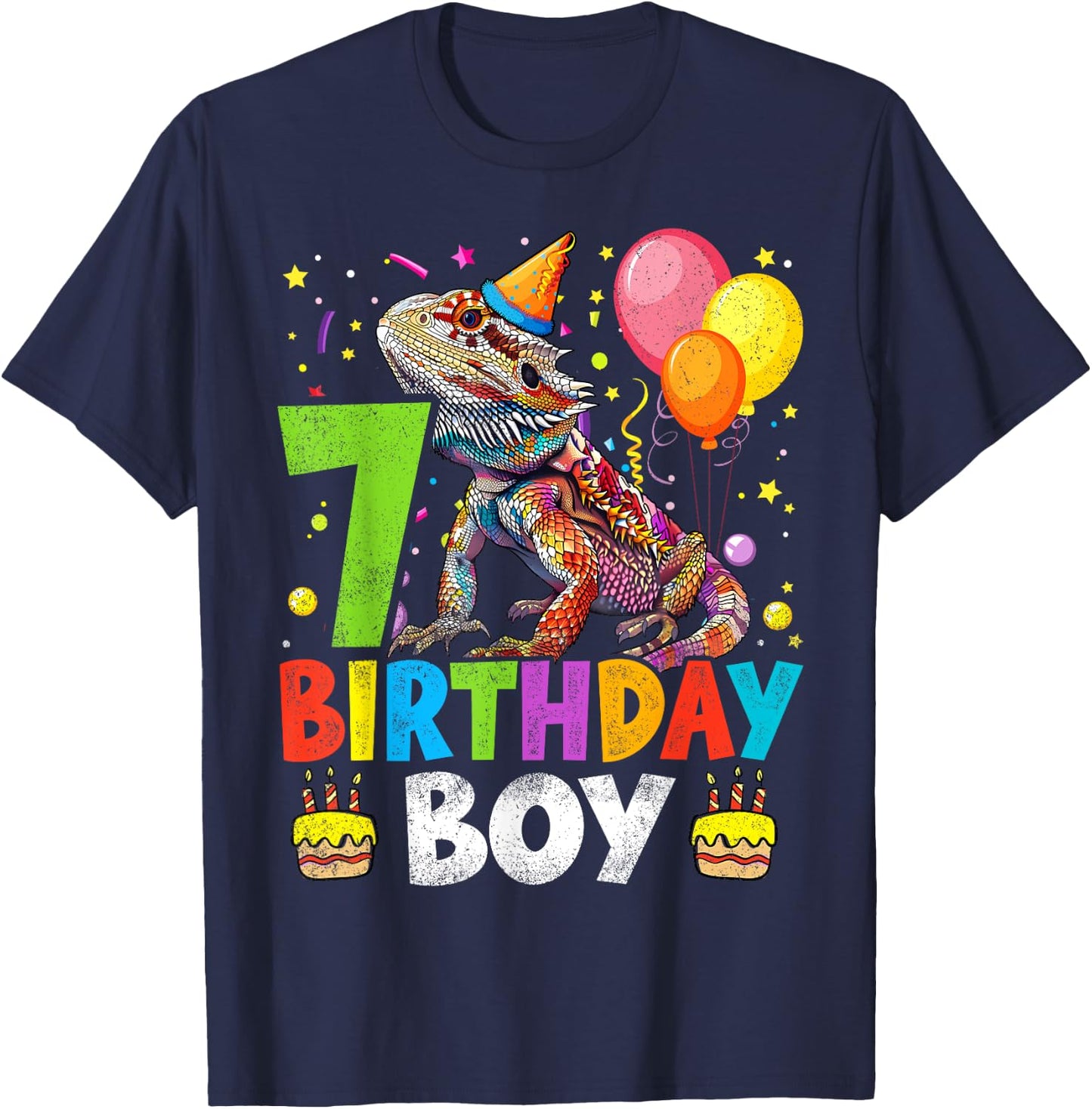 7th Birthday Boy Bearded Dragon 7 Years Old Bday Party T-Shirt - T-Shirt | Navy