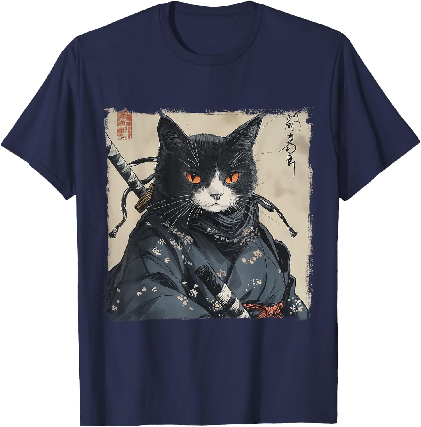 Japanese Samurai Cat Ukiyo-e Warrior Art Japan Vintage T-Shirt - T-Shirt | Navy