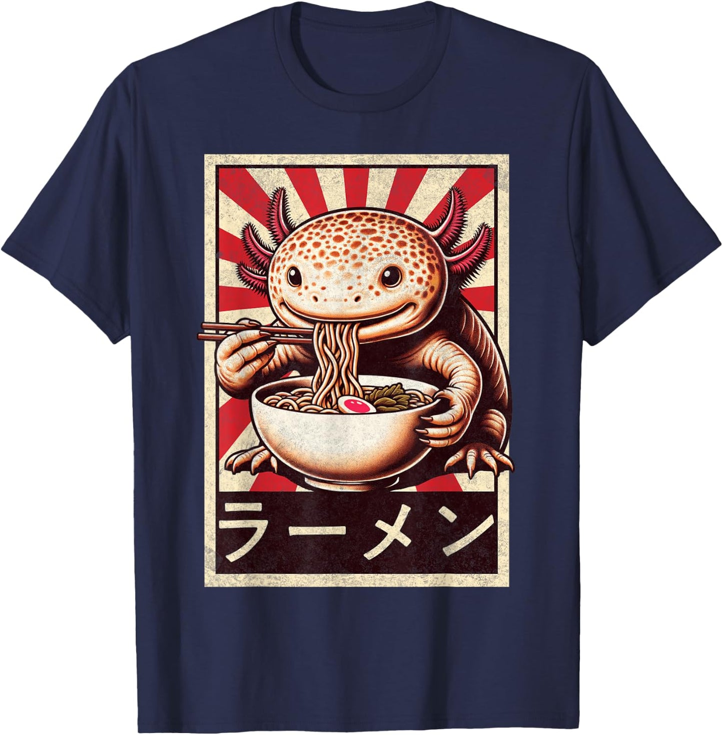 Funny Vintage Axolotl Eating Ramen. Anime Axolotl Ramen T-Shirt - T-Shirt | Navy