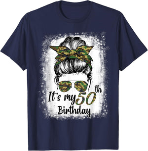 Bleached Messy Bun Women Camouflage It's My 50th Birthday T-Shirt - T-Shirt | Navy