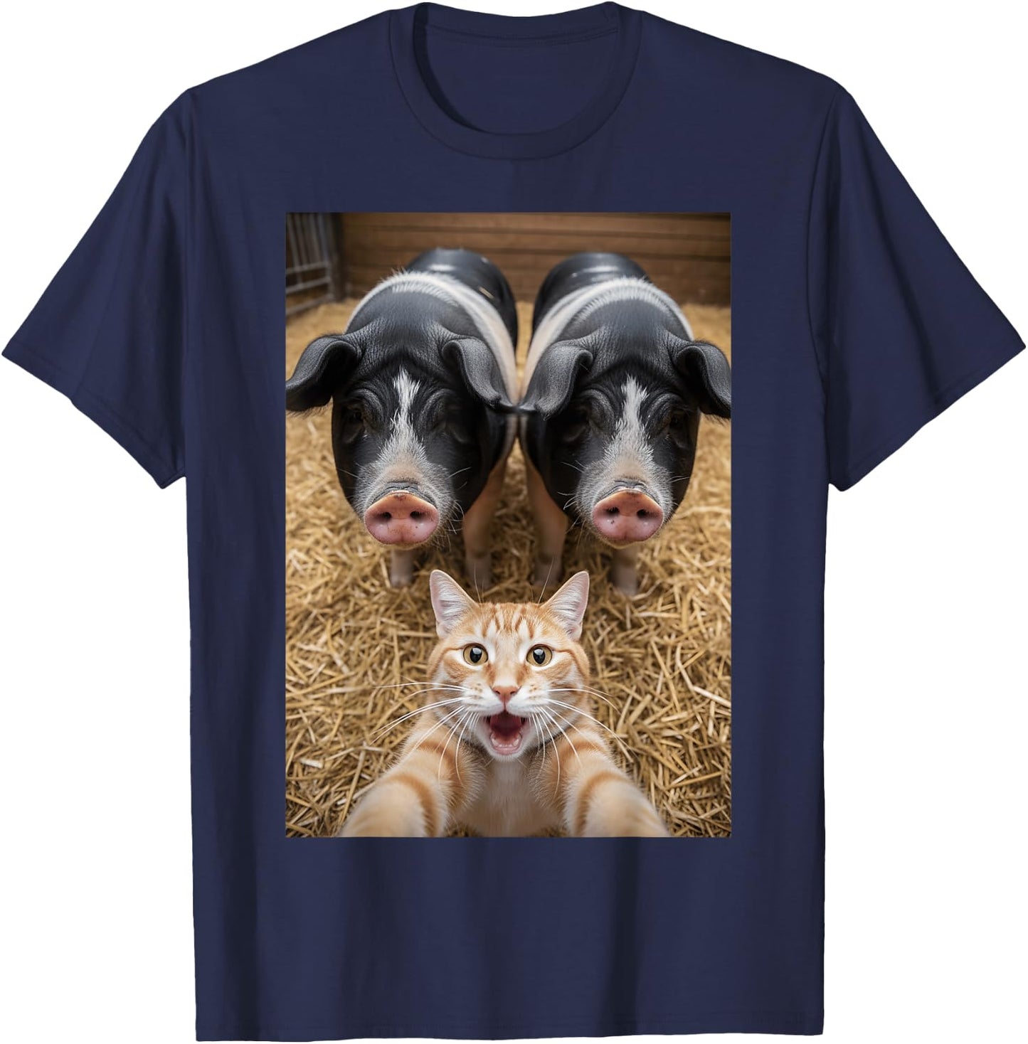Funny Cat Selfie with Pigs Design – Cute Animal Pig Lovers T-Shirt - T-Shirt | Navy