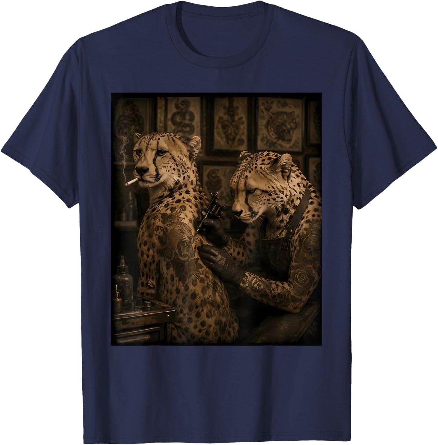 Retro Cheetah Smoking Tattoo Artist Funny Wild Animal Meme T-Shirt - T-Shirt | Navy