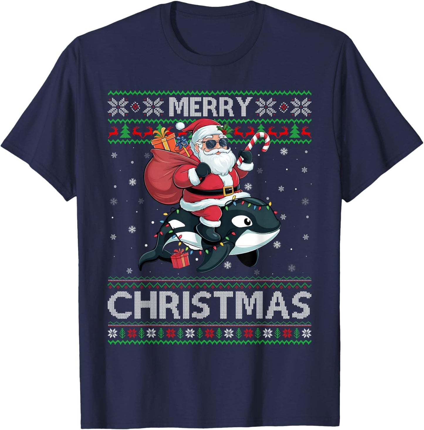 Ugly Xmas Sweater Style Santa Riding Orca Christmas T-Shirt - T-Shirt | Navy