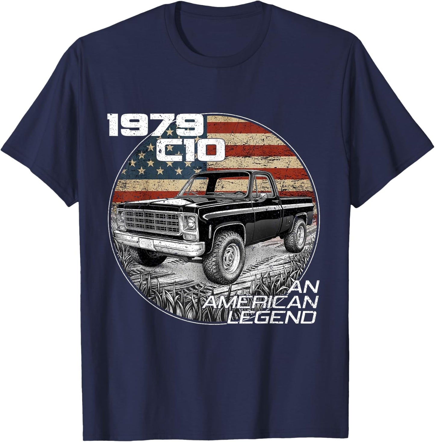 American Flag 1979 C10 79 Truck Vintage Silhouette Classic T-Shirt - T-Shirt | Navy