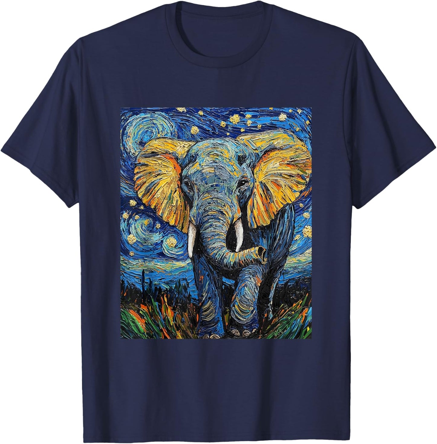 Cute Elephant Africa - Van Gogh Style - Starry Night T-Shirt - T-Shirt | Navy