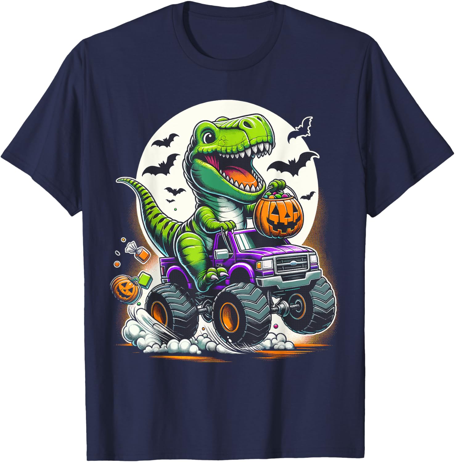 Halloween Funny T Rex Dinosaur Monster Truck Boy Trick Treat T-Shirt - T-Shirt | Navy