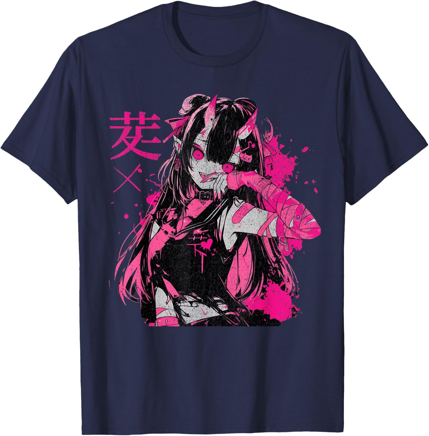 Goth Grunge Demon Anime Girl Waifu Horror Old Aesthetic T-Shirt - T-Shirt | Navy