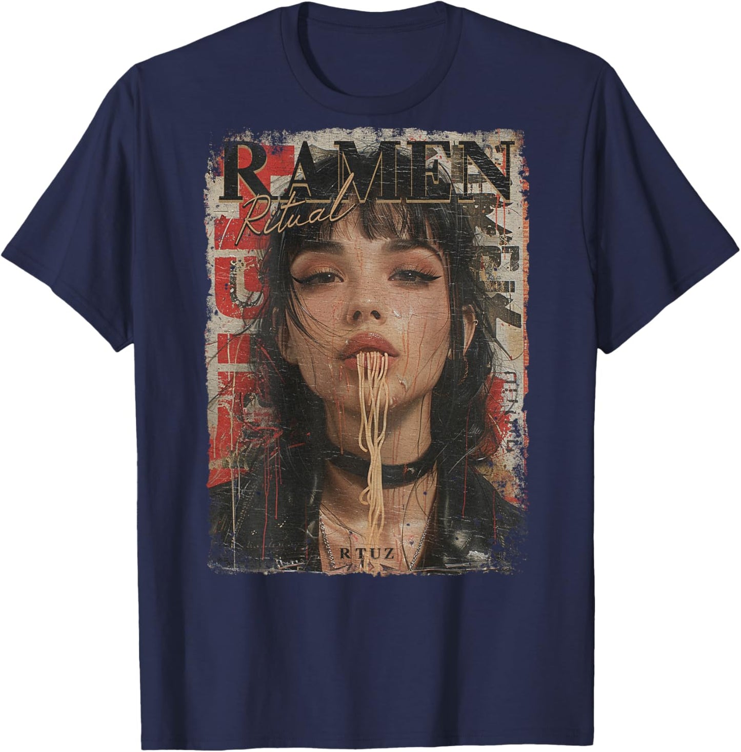 Backprint Pin-up Girl Ramen Noodle Anime Manga Asian Ramen , black T-Shirt - T-Shirt | Navy