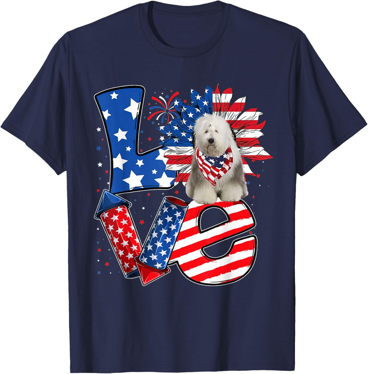 4th of July Decor Patriotic LOVE Old English Sheepdog Dog T-Shirt - T-Shirt | Navy