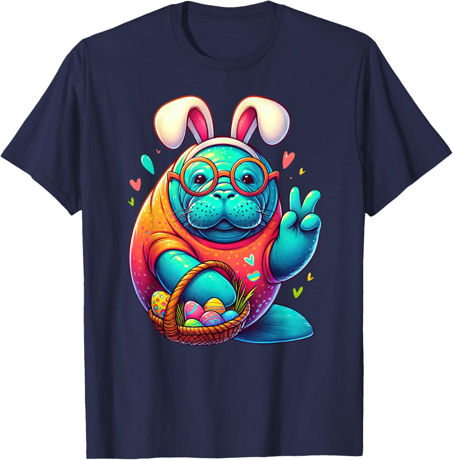 Funny Peace Sign Hand Manatee Easter Manatees T-Shirt - T-Shirt | Navy