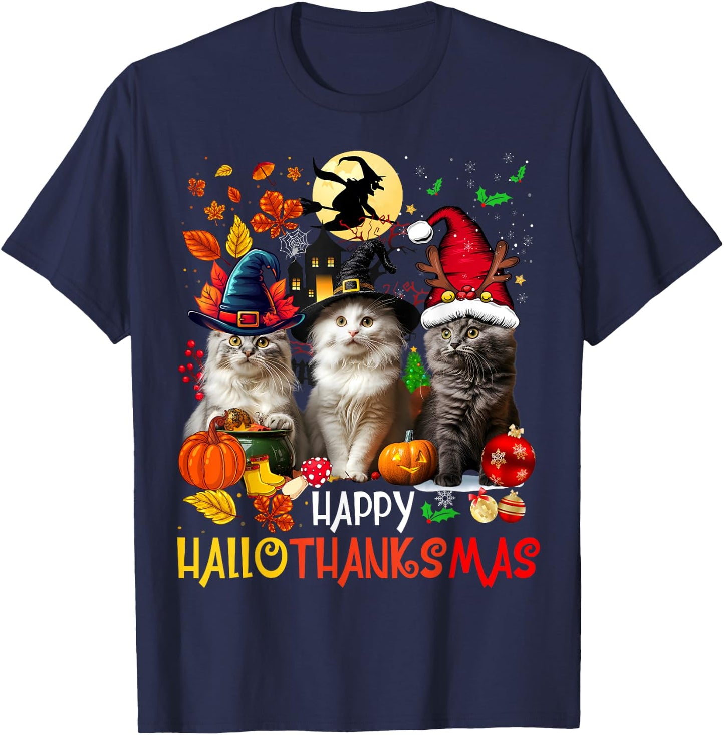 Halloween Thanksgiving Christmas Happy HalloThanksMas Cats T-Shirt - T-Shirt | Navy