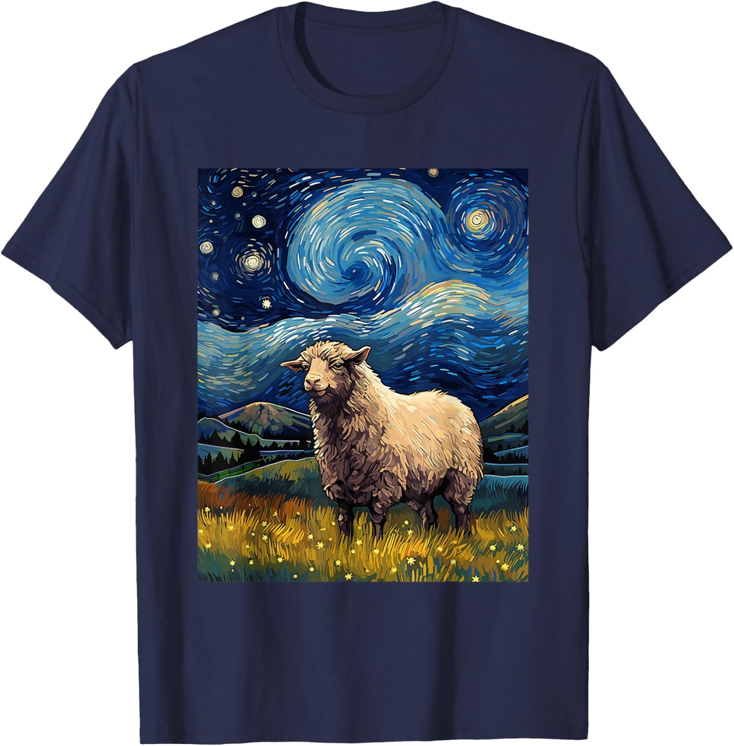 Sheep Starry Night Van Gogh Art Lover T-Shirt - T-Shirt | Navy