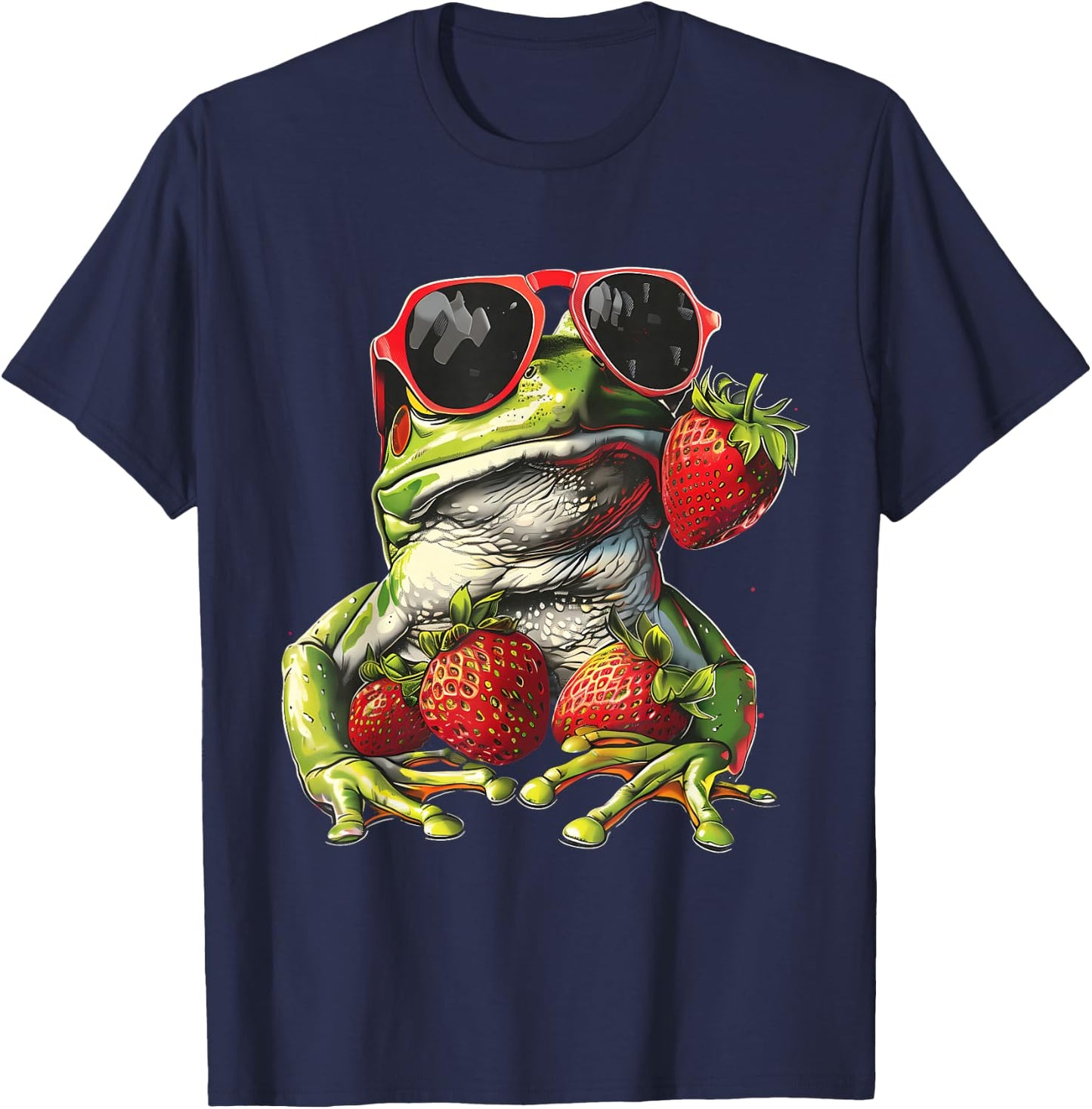 Strawberry Frog Sunglasses Wildlife Artwork Strawberry Fruit T-Shirt - T-Shirt | Navy