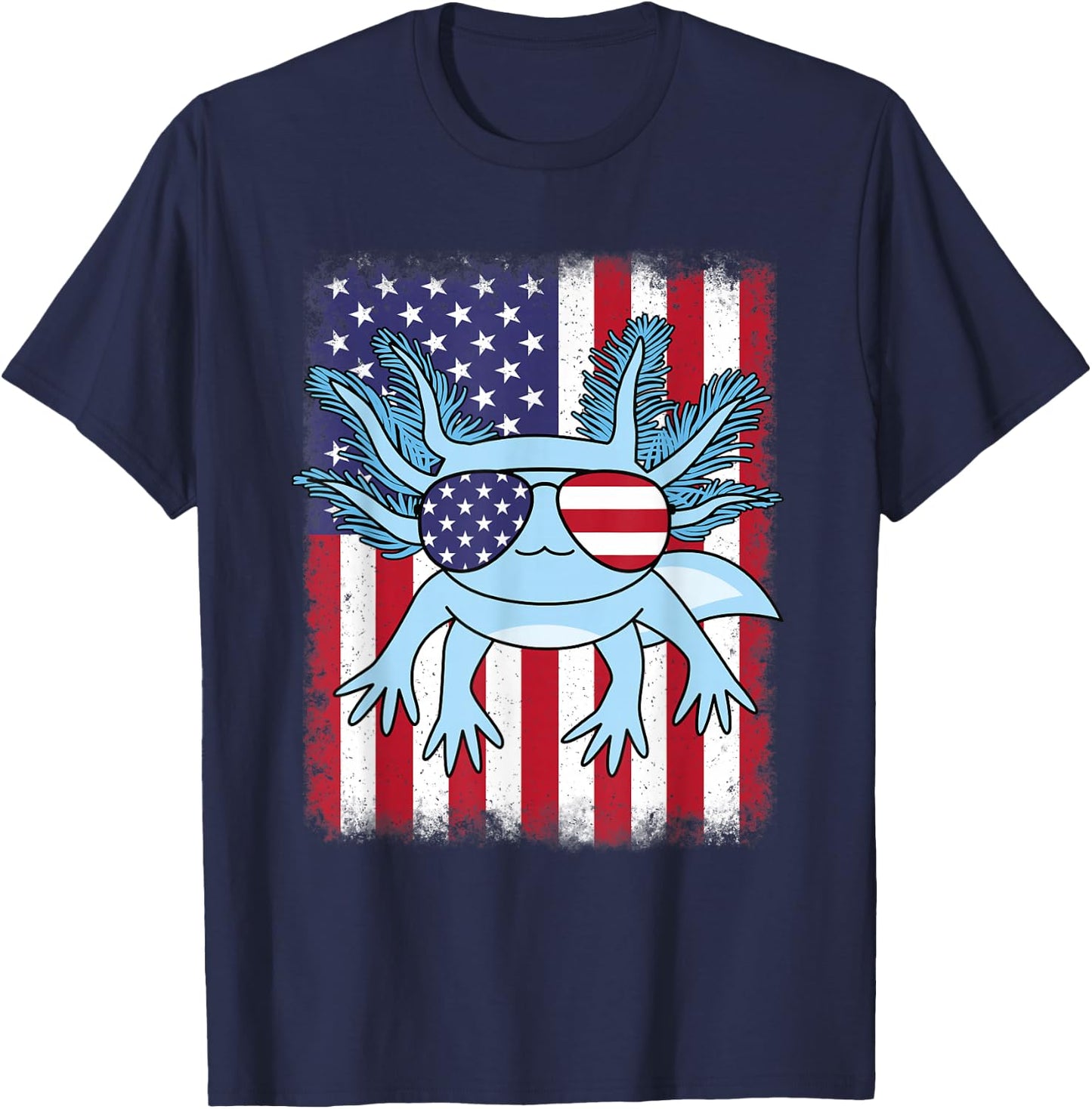 Patriotic Axolotl American Flag Funny Axolotl 4th Of July Women Kids Men T-Shirt - T-Shirt | Navy