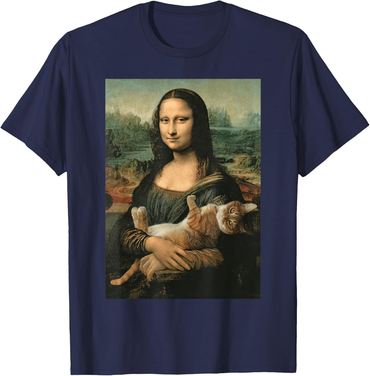 Mona Lisa With Orange Cat Funny Art Painting T-Shirt - T-Shirt | Navy